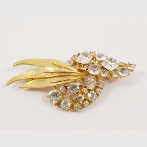 Vintage BSK Signed Gold Tone Rhinestone Swirl Leaf Brooch